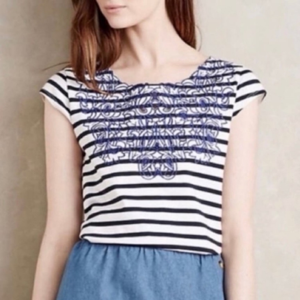 Anthropologie Striped Embroidered Tee